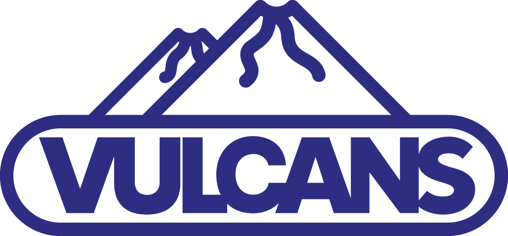 Vulcans shoes logo in blue ocean color. The Vulcans logo consist of two volcanoes. The shoes are made in a vulcanized production process. 