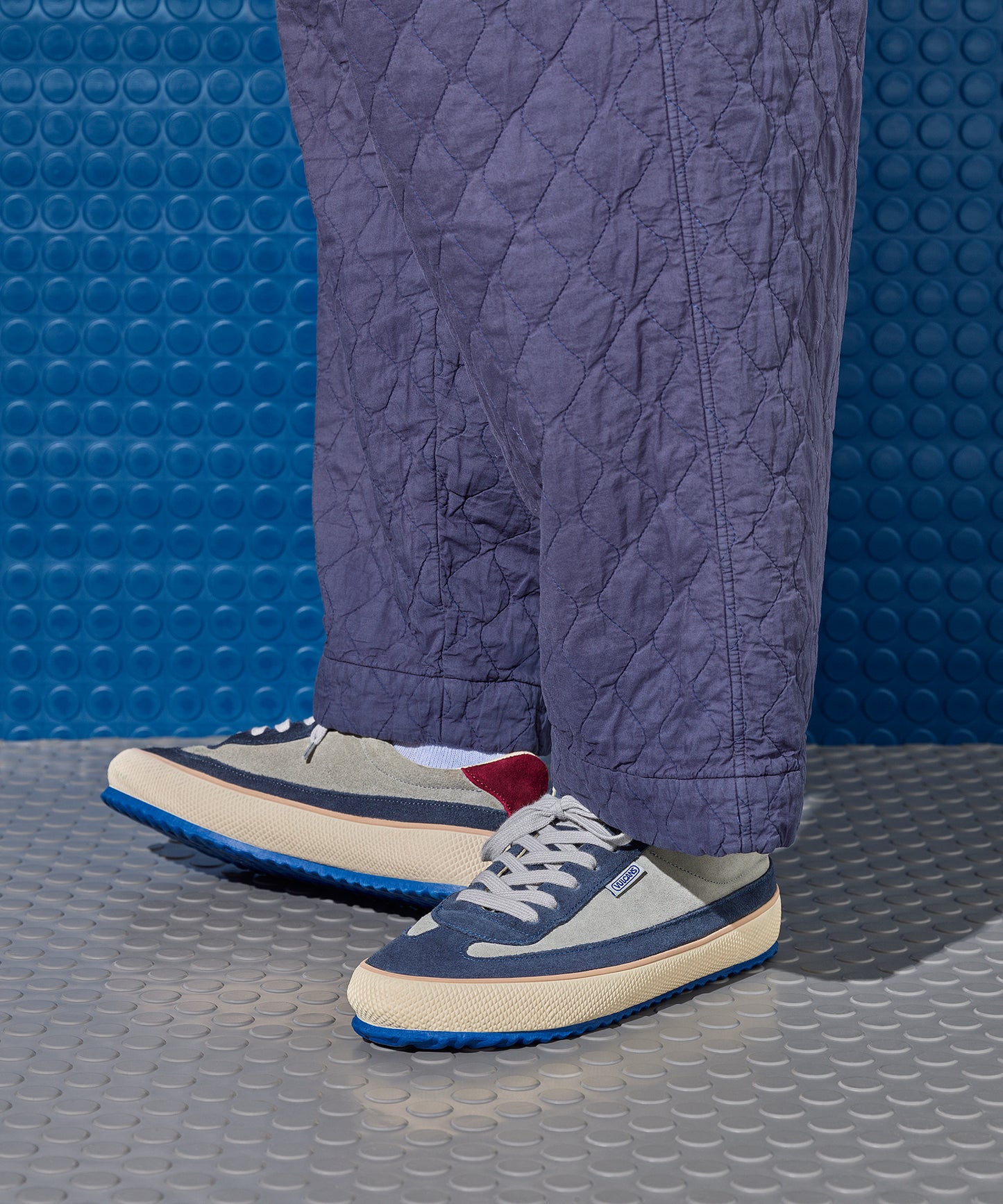 Wave Grey Navy suede low top shoes. Blue ocean vulcanized outsole.