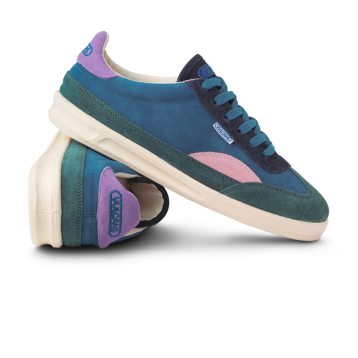Blue and green sneakers with purple heel tab with Vulcans logo embroided. 
