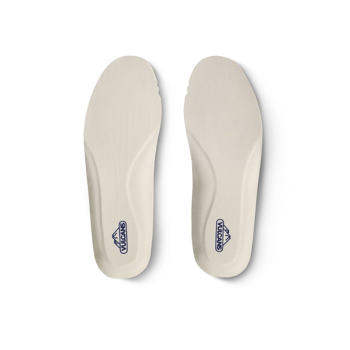 Pair of beige shoe insoles with a Vulcans brand logo.