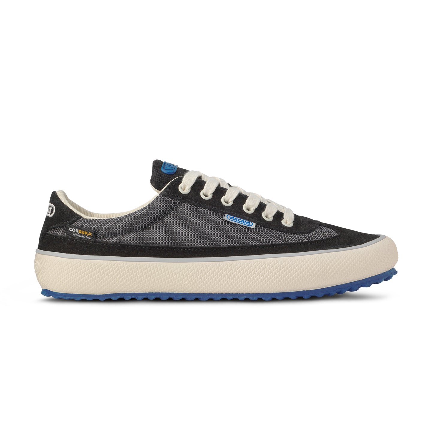 Black and white sneaker with blue accents.