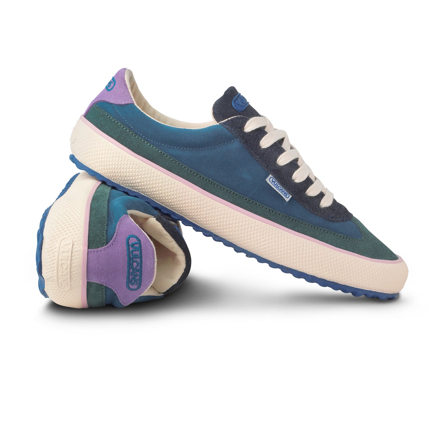 Pair of blue and green Vulcans Shoes with purple accent on the heel counter.