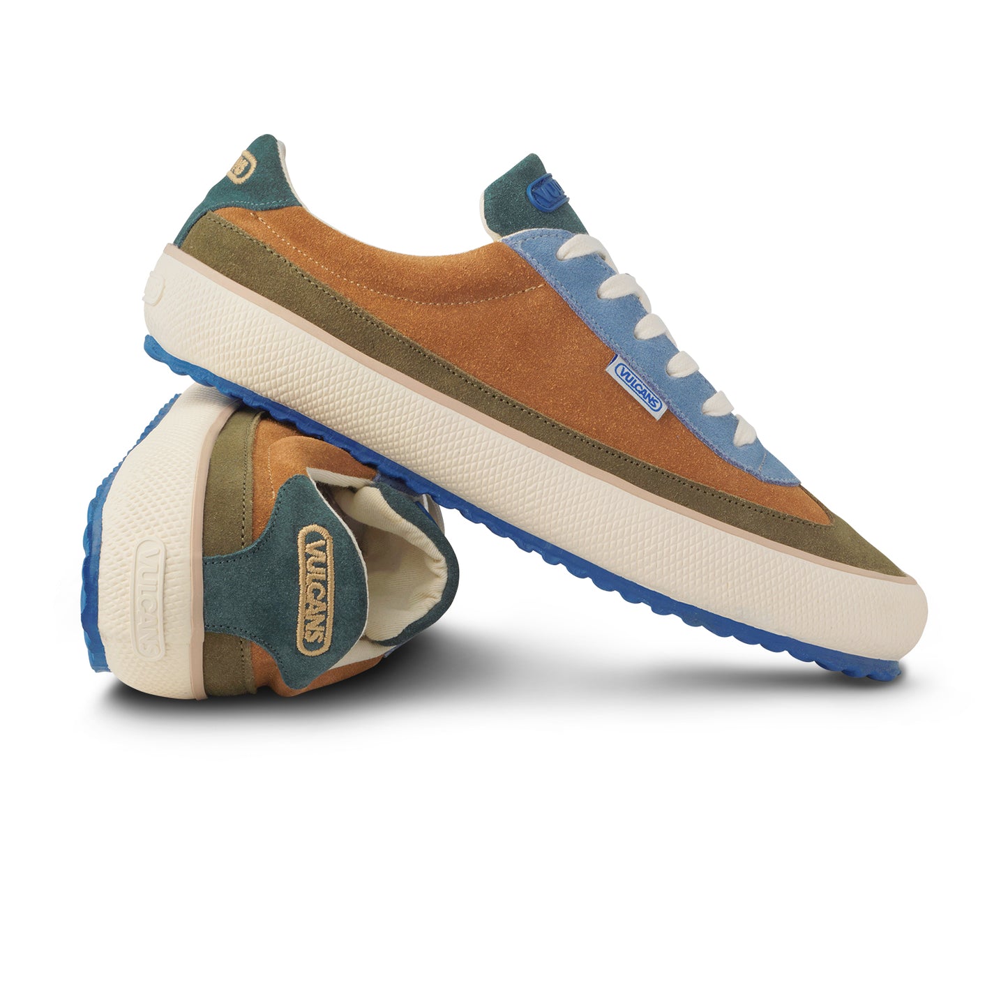 Pair of brown and blue shoes. Made in Europe.